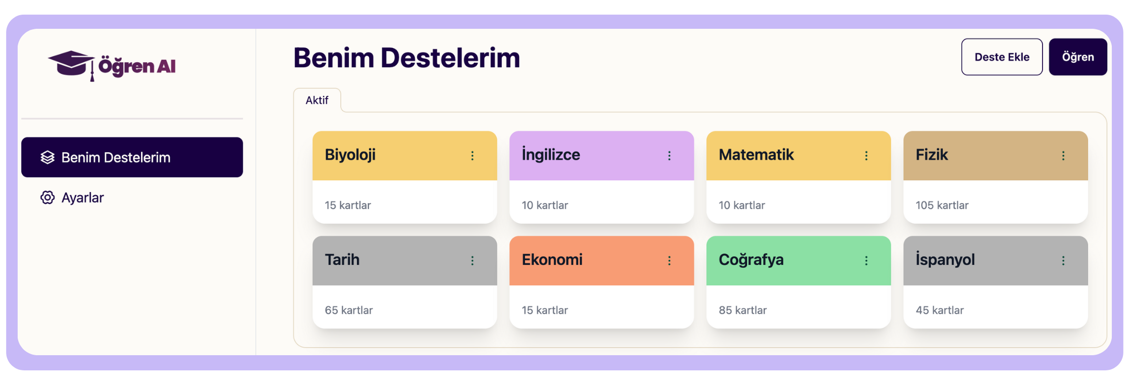 Product interface showing flashcard decks